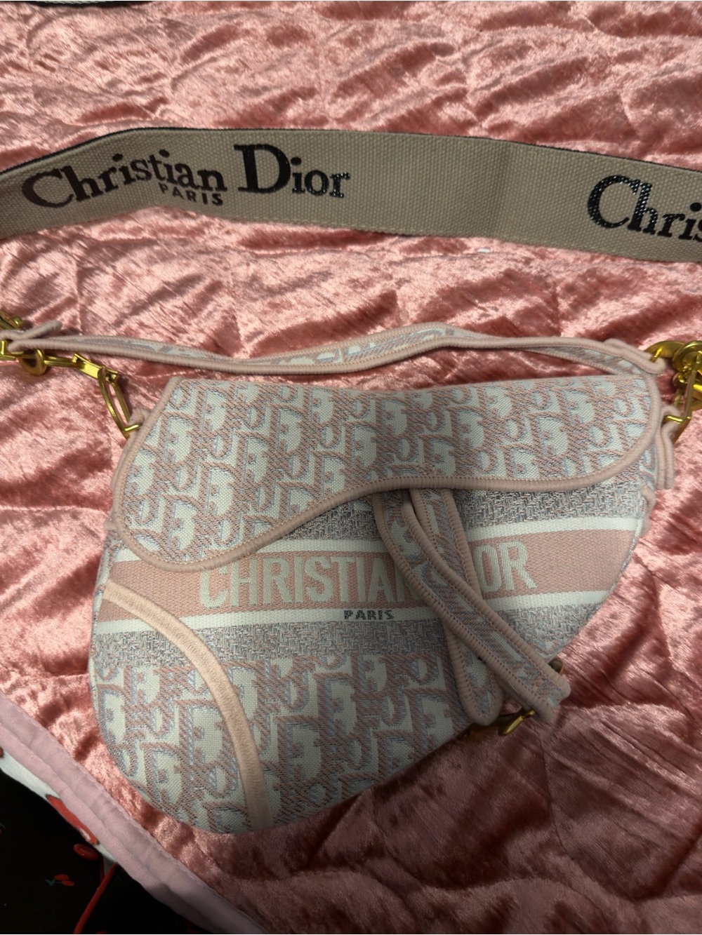 Beige & Pink Oblique Saddle Crossbody Bag
